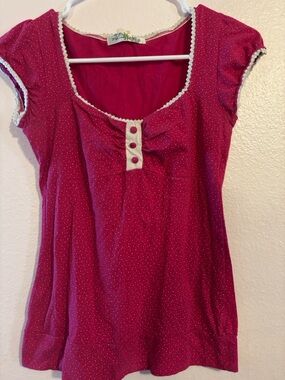 Women’s Y2K Pink Short Sleeve Scoop Neck Top with White Lace Trim Size M